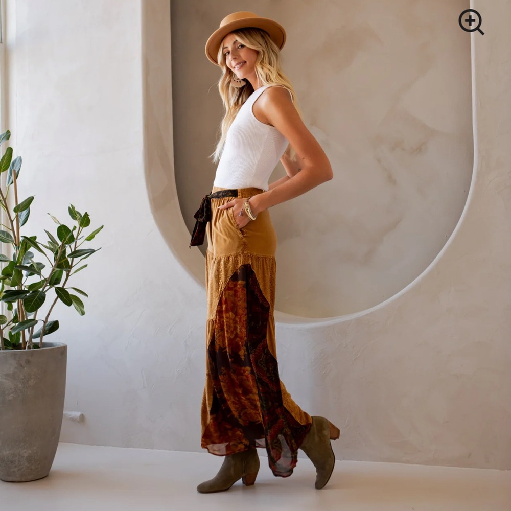 Young Threads Rustic Bohemian Side Paneled Patchwork Wide Leg Pants In Camel L - Picture 3 of 9